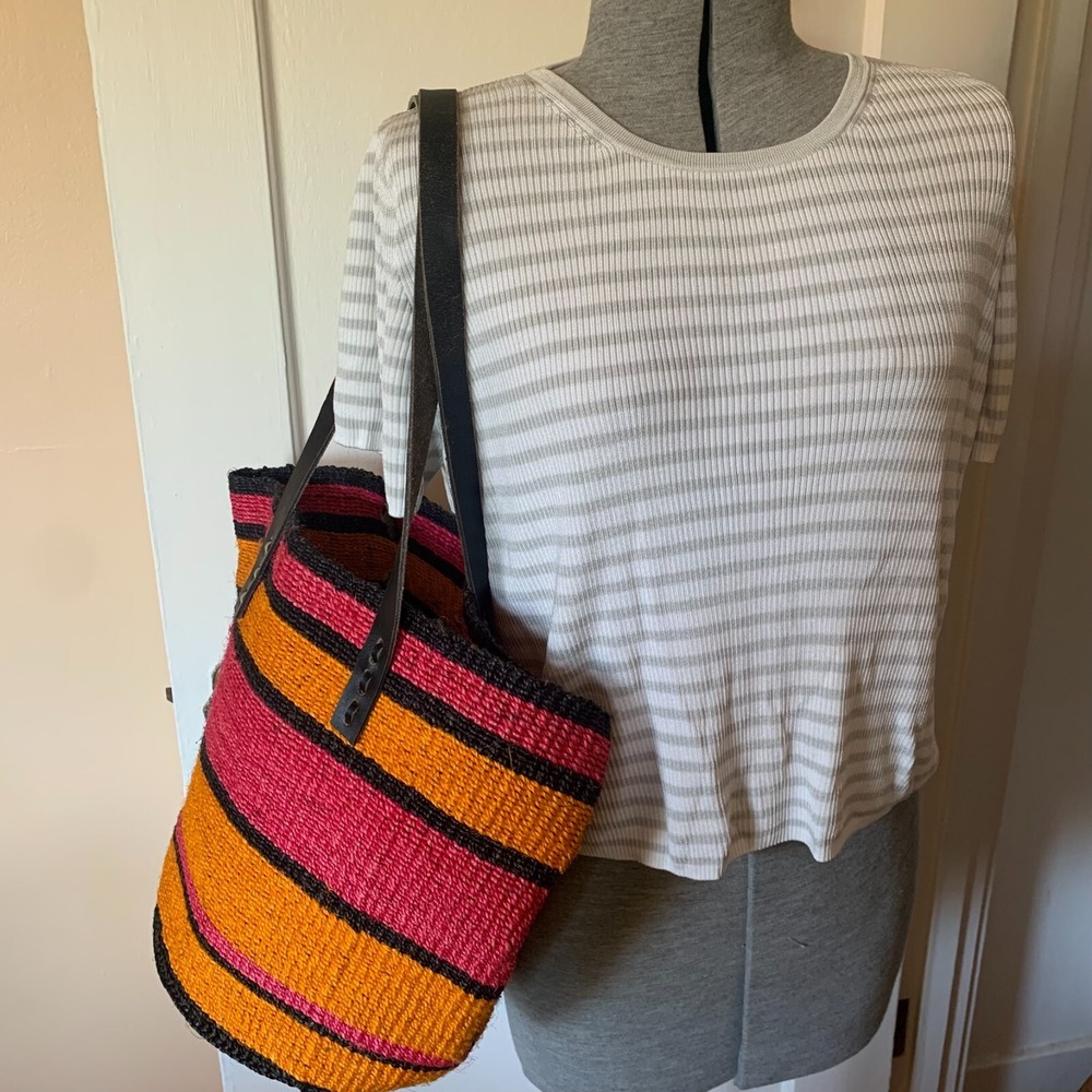 African Handwoven‎ Sisal Tote Bag Pink Orange Black Stripe Woven Basket Bag
